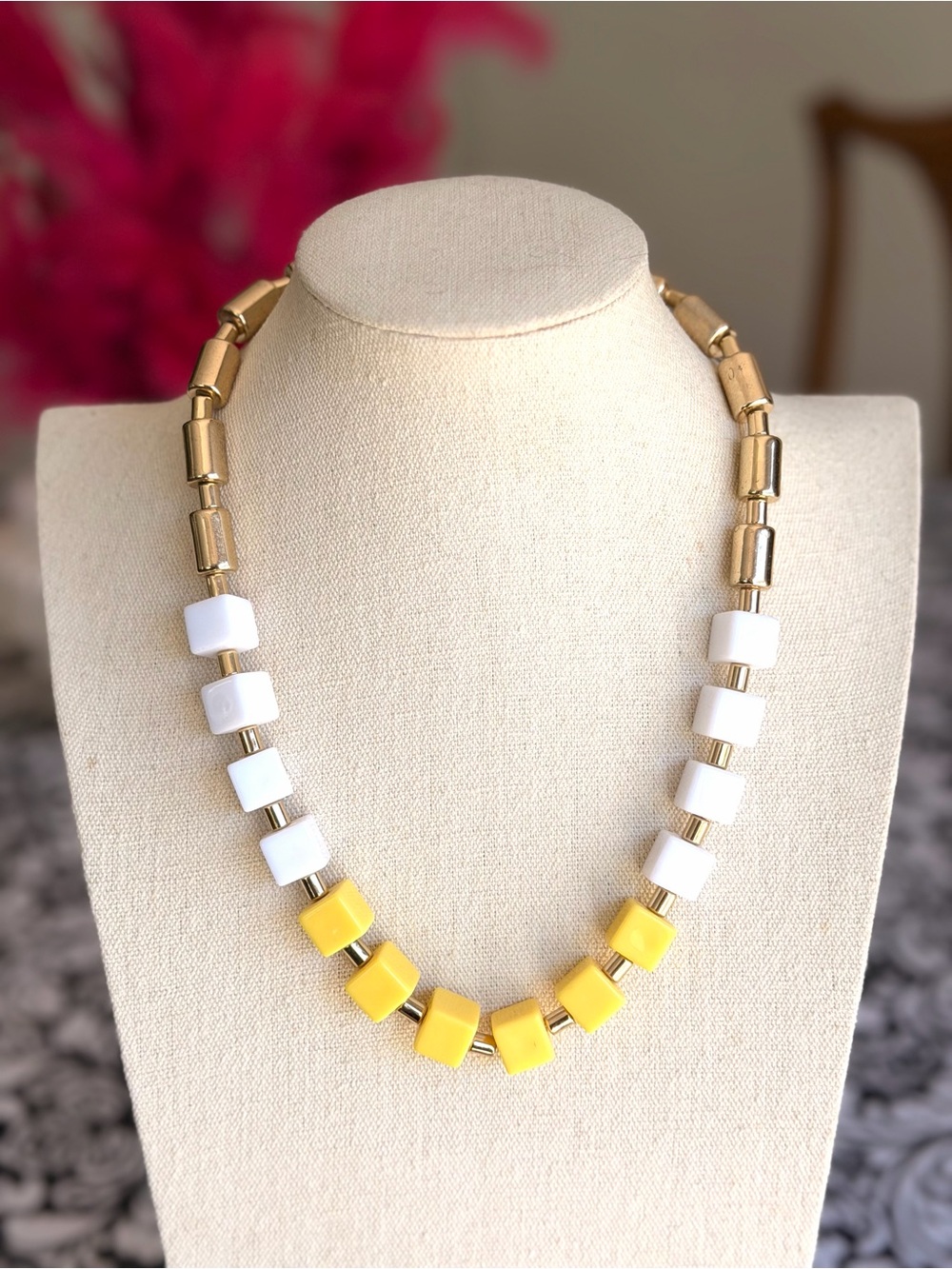 Charming Charlie Yellow White & Gold Tone Geometric Statement Necklace